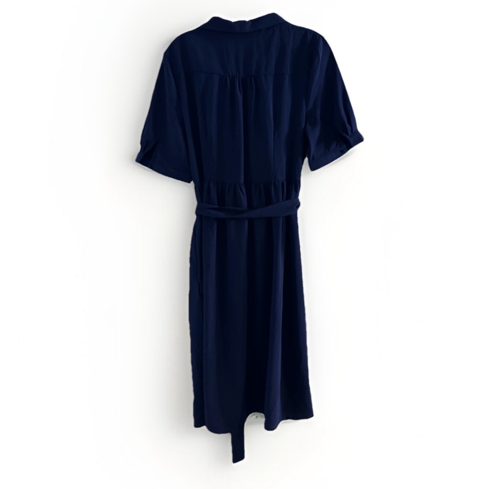 Böhme‎ Navy Wrap Dress Size Large Pockets  Midi Belted Classic Chic Style - Picture 7 of 12
